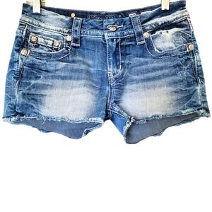 Miss Me Signature Cutoff Shorts in Faded Distressed Stretch Denim w Rhinestones